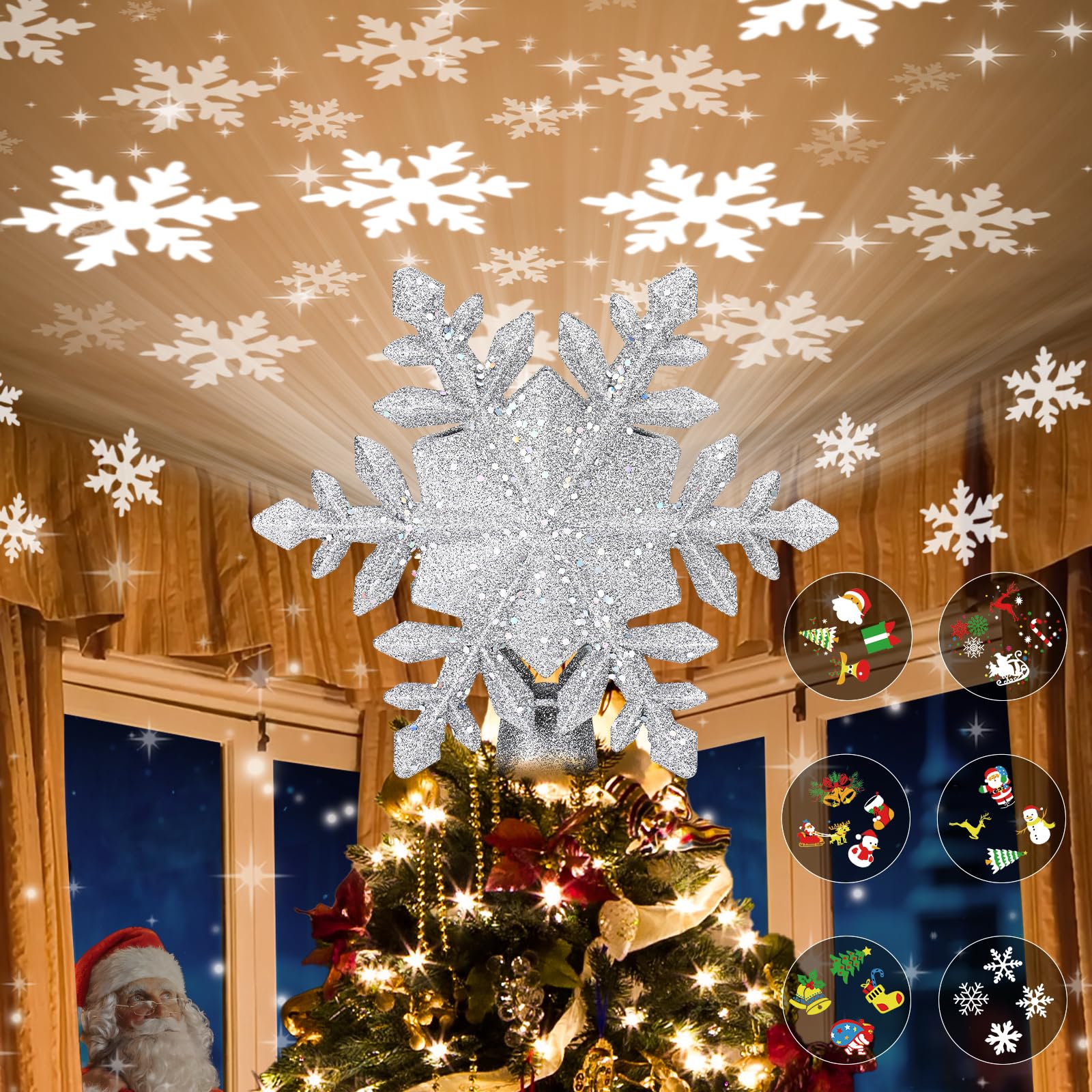 Photo 1 of Christmas Tree Topper Lighted with 6 Projection Modes,Christmas Star Tree Topper Built-in LED Rotating Projector Lights 3D Christmas Tree Decorations for Xmas Party Holiday Decor(Silver Snowflake)