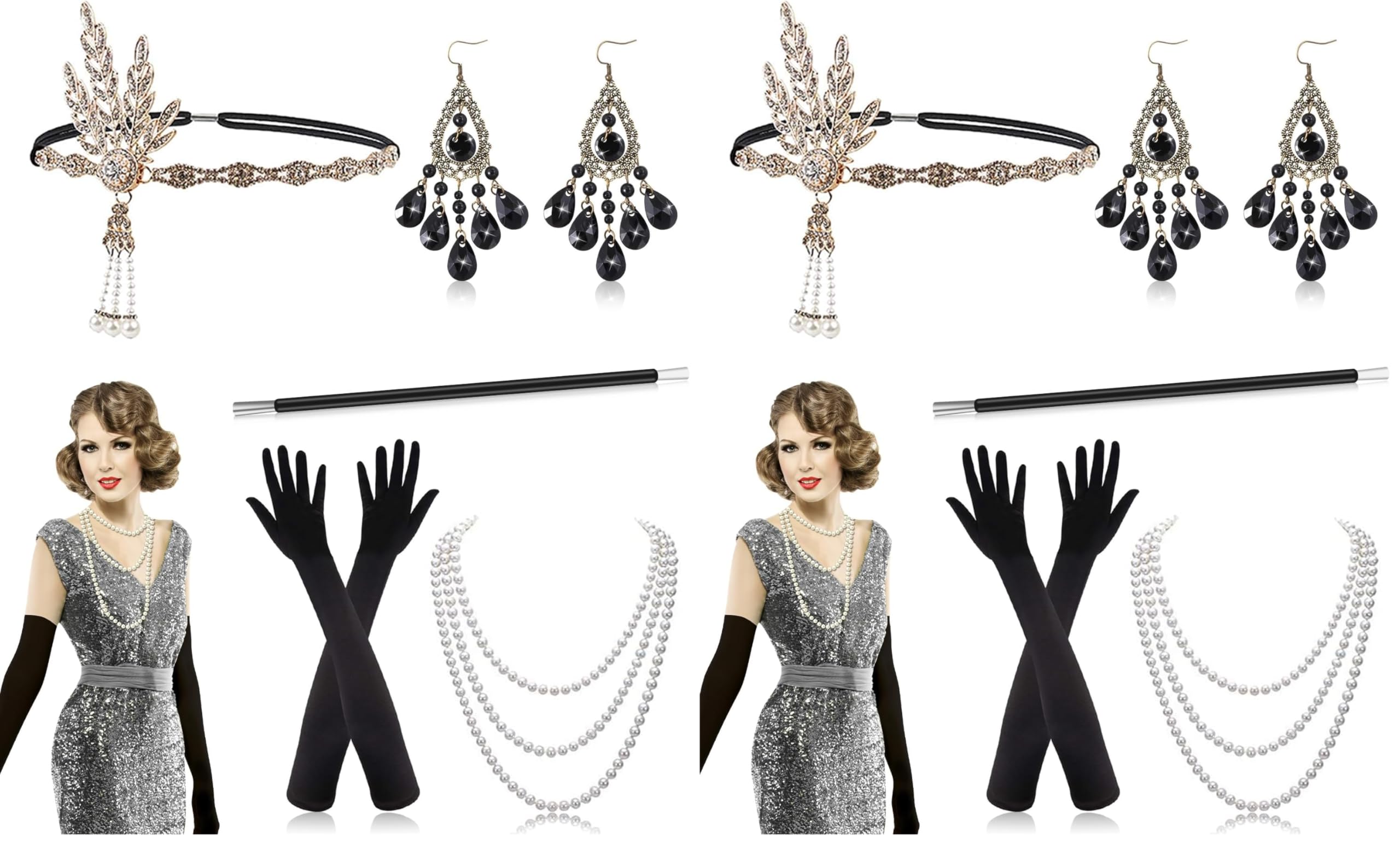Alintor 1920s Accessories for Women, Great Gatsby Accessories Women, 1920s Headpiece, Black Gloves, Fashion Necklace Earrings (1920s-02, L)
