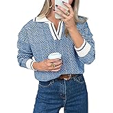 Saodimallsu Womens Fall Sweaters Tops Lapel V Neck Knit Sweater Color Block Long Sleeve Casual Soft Pullover Shirt