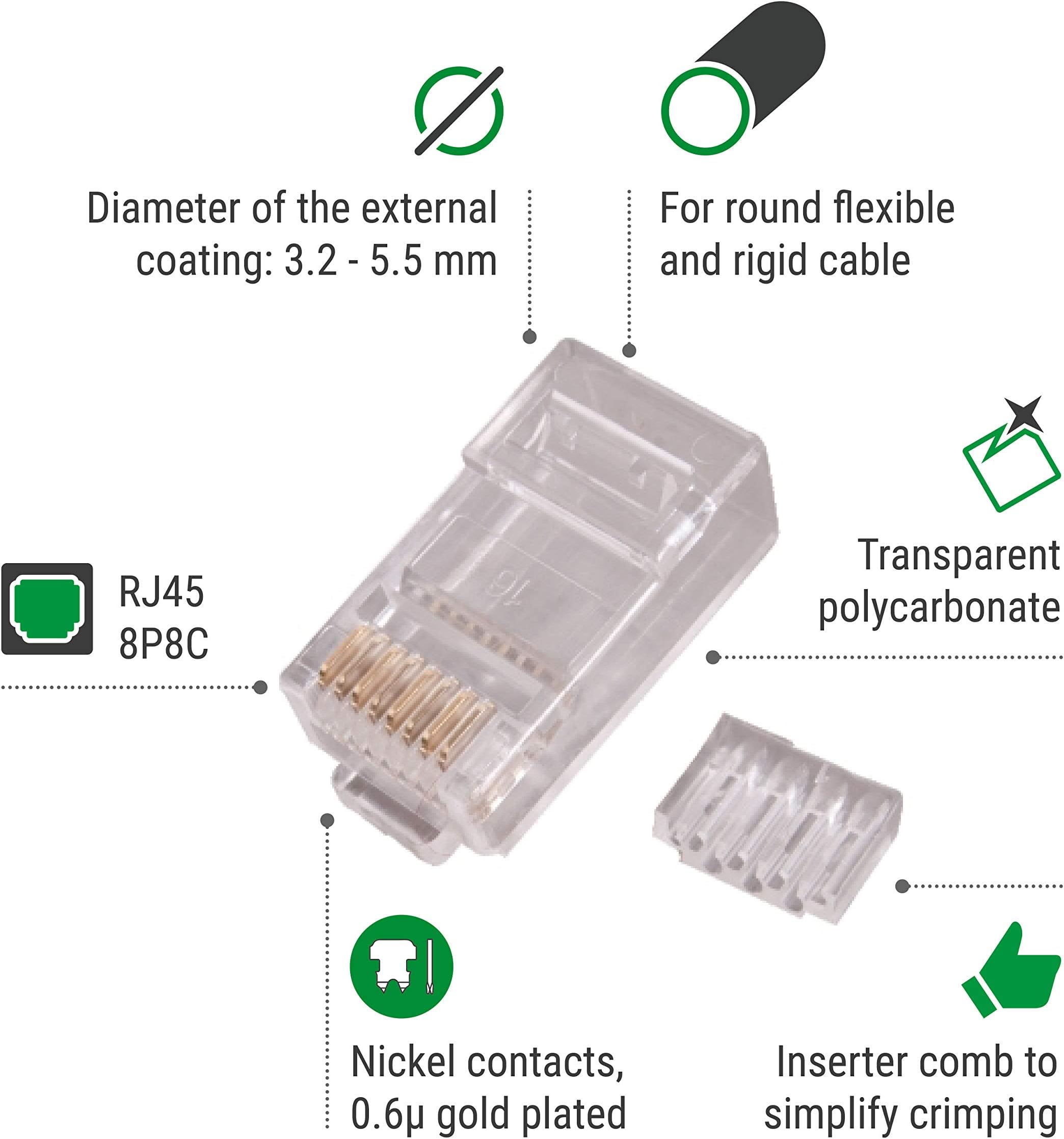 Welly Enjoy WY40215 - Connector Cat.6, RJ45, UTP for Flexible and Rigid Round Cables (Kit of 50)