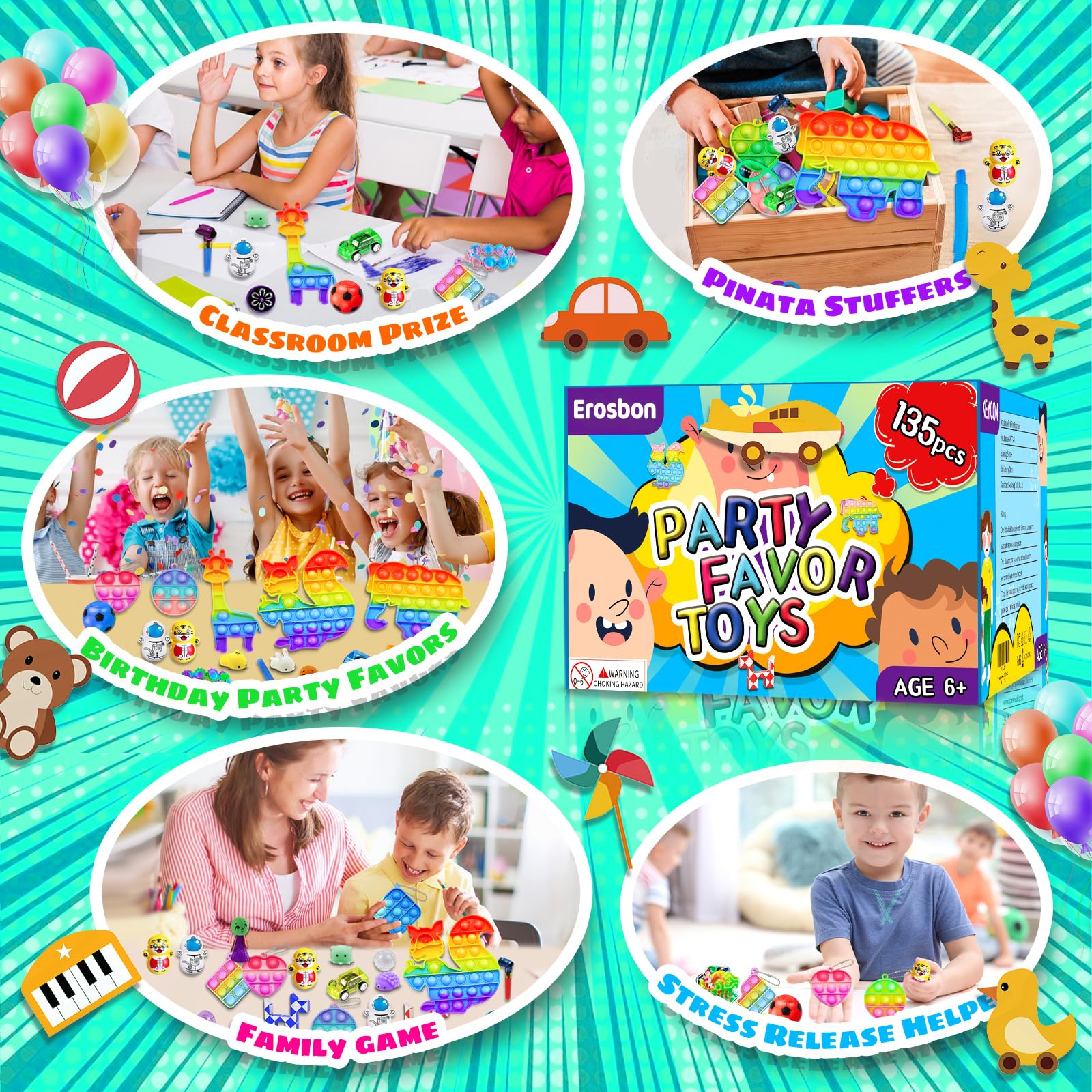 135pcs Party Favors for Kids 3-5 4-8-12, Fidget Toys Easter Eggs Fillers Birthday Gift Treasure Box Toy Prizes for Children, Bulk Goodie Bag Stuffer Carnival Prize Reward