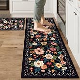 MASHDE Kitchen Rugs Sets of 2 PCS Non Slip Washable Kitchen Mats for Floor | Low Pile Soft Boho Floral Rug Runner for Home Decor (Black, 17.3"x46"+17.3"x29")