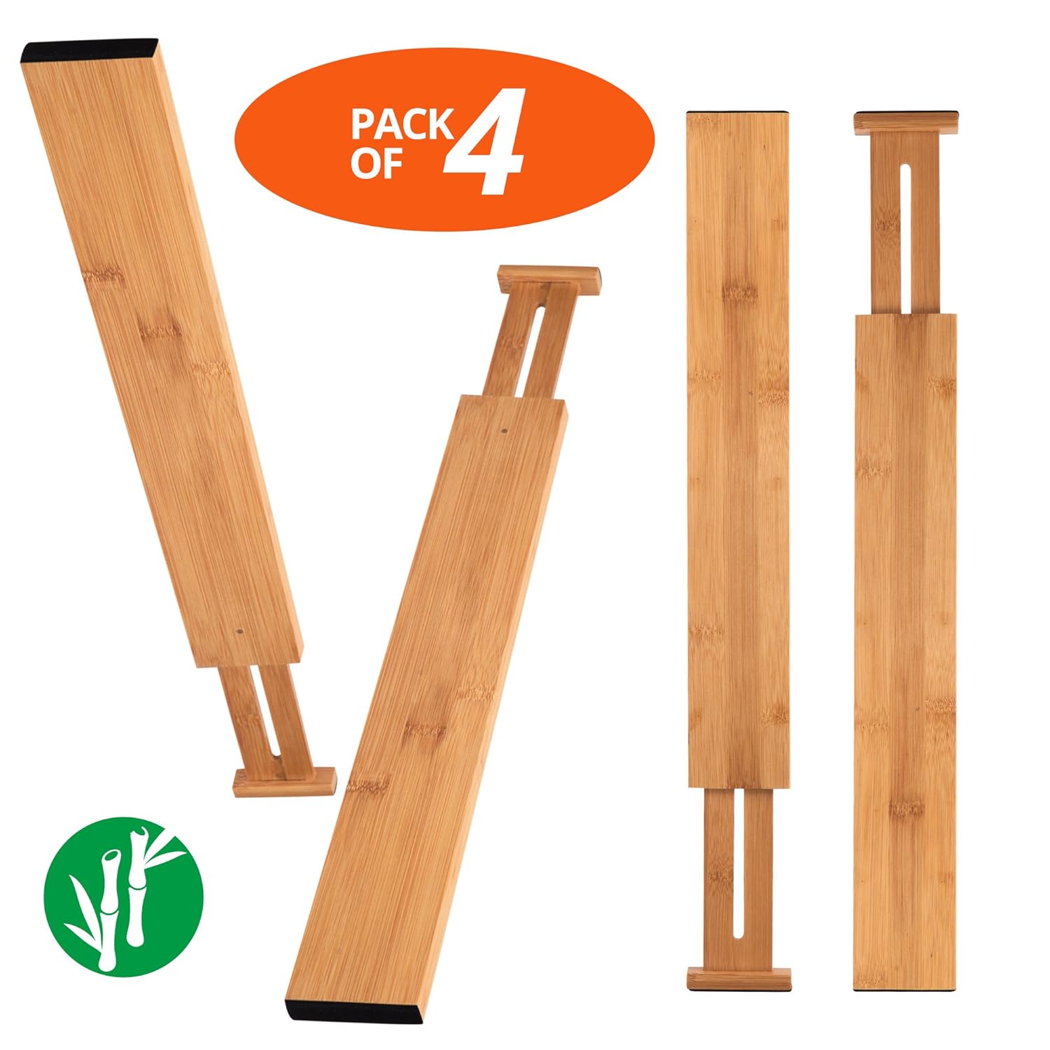 Luckyshe Bamboo Drawer Dividers, Adjustable & Spring Kitchen Drawer Dividers, Expandable & Eco-Friendly Drawer Organizers and Dividers for Kitchen, Dresser, Bathroom, Desk, Bedroom – Pack of 4