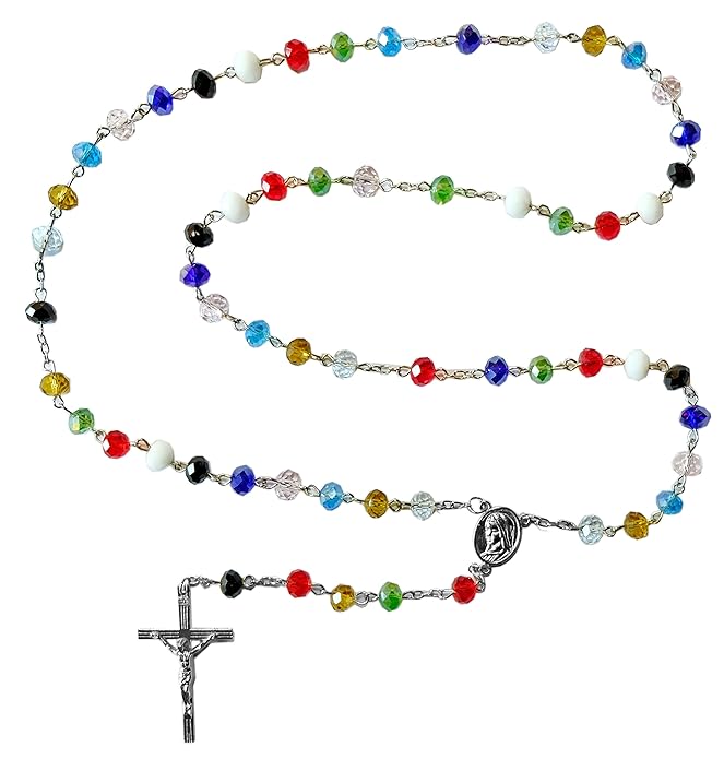 Kaltner Präsente Geschenkidee - Rosenkranz für Damen und Herren mit Kreuz Anhänger Marienbild und Glas Perlen Farbe Bunt Mehr