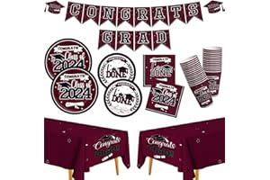 MOORAY Graduation Party Supplies 2024 Graduation Party decorations Dinnerware Set Maroon Disposable Paper Plates Napkins Cups Tablecloth Banner for Congrats Grad Party Decorations, Serve 25