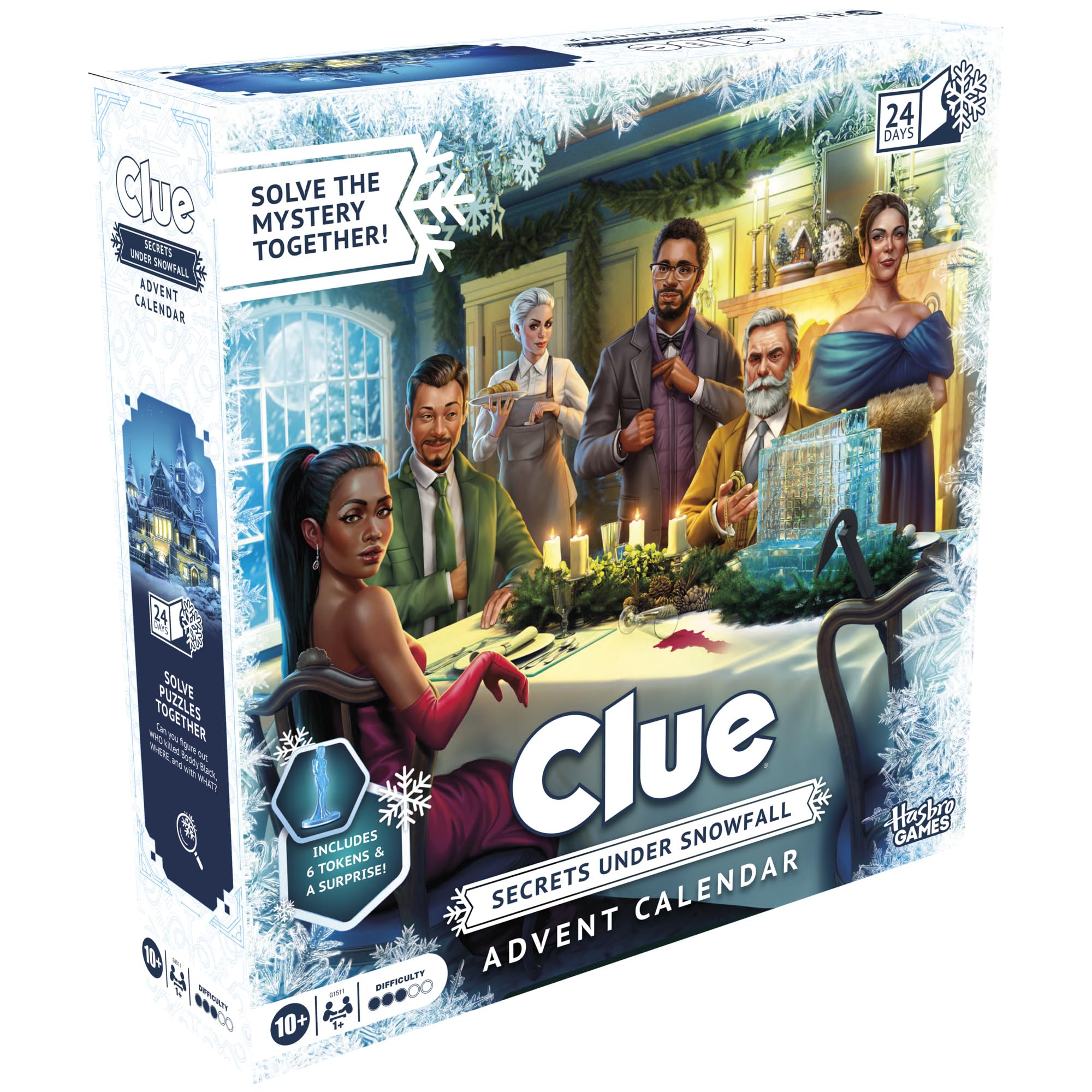 Clue Advent Calendar: Secrets Under Snowfall | 24 Days | Family Mystery Games | with 6 Winter-Themed Tokens and Surprise | Ages 10+ | 1+ Players
