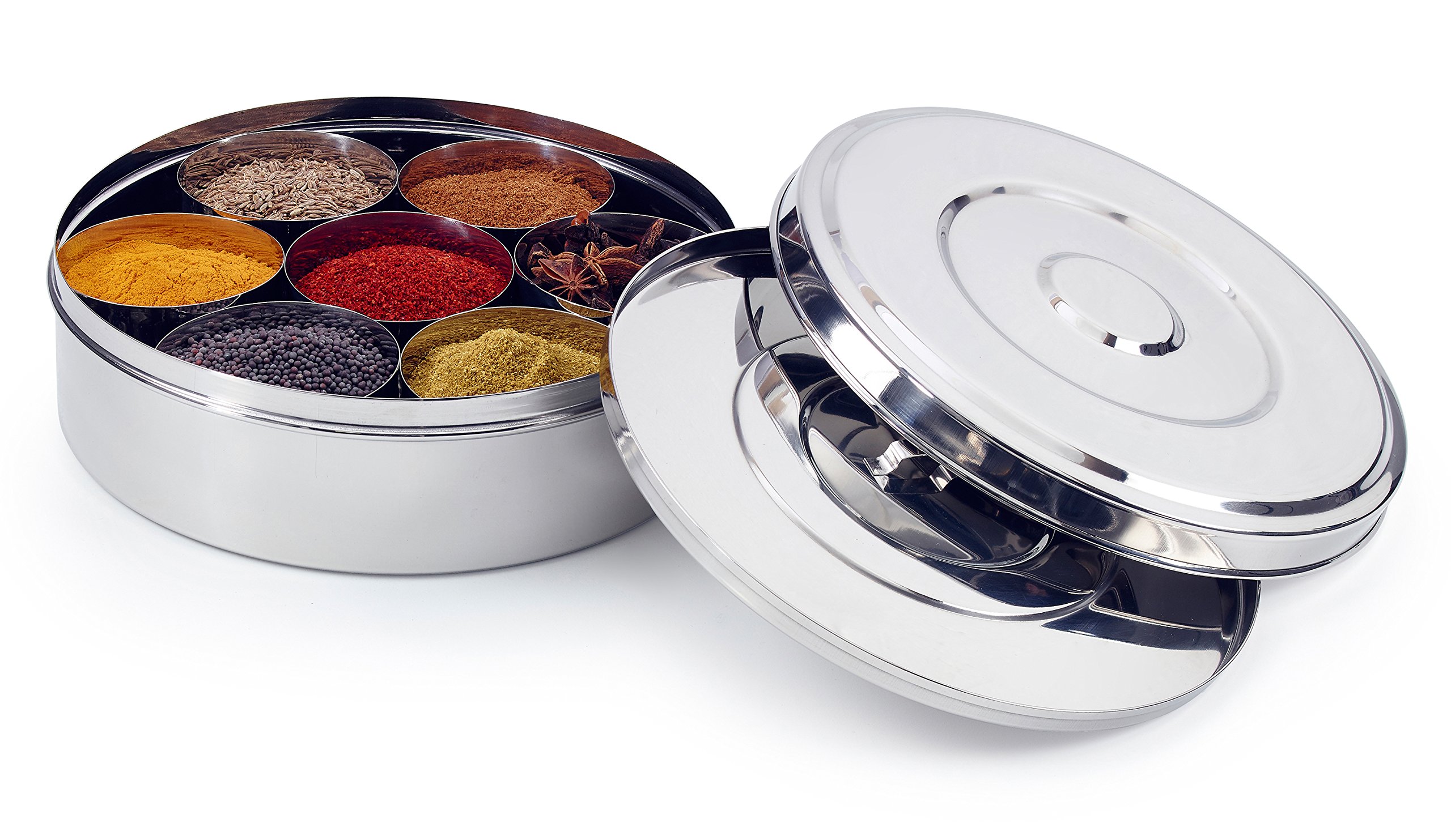 Zinel 7117 Spice Box/Masala Dabba with 7 Comparments and 2 Stainless Steel Lids, Silver, 24 cm