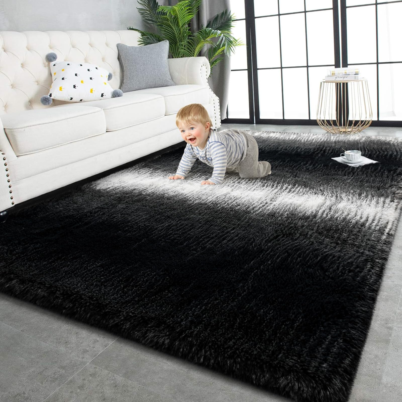 TWINNIS Super Soft Shaggy Rugs Fluffy Carpets, 5x8 Feet, Indoor Modern Plush Area Rugs for Living Room Bedroom Kids Room Nursery Home Decor, Upgrade Anti-Skid Rectangular Fuzzy Rug, Black White