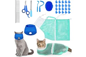 Kritkin 9 Pcs Cat Bathing Bag Set Cat Shower Bag Anti Bite and Scratch for Pet Grooming Washing Brush Comb Muzzle Nail Clipper Nail File Tick Tool(Blue, Turquoise)