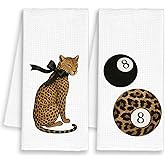 Dimurela Leopard Preppy Disco 8 Ball Kitchen Towels Set of 2,Cheetah Hand Towels Decor for Bathroom Girly Room, Bow Coquette Dish Towel,Trendy Funky Tea Bar Waffle Towel for College Dorm Girls 16x24in