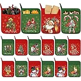 Leinuosen 12 Pcs Christmas Pot Holders with Pocket Xmas Retro Pot Holders for Kitchen Winter Hot Pads Oven Mitts Cookie Bag Red and Green Heat Resistant Farmhouse Oven Gloves Baking Cooking(Cute)