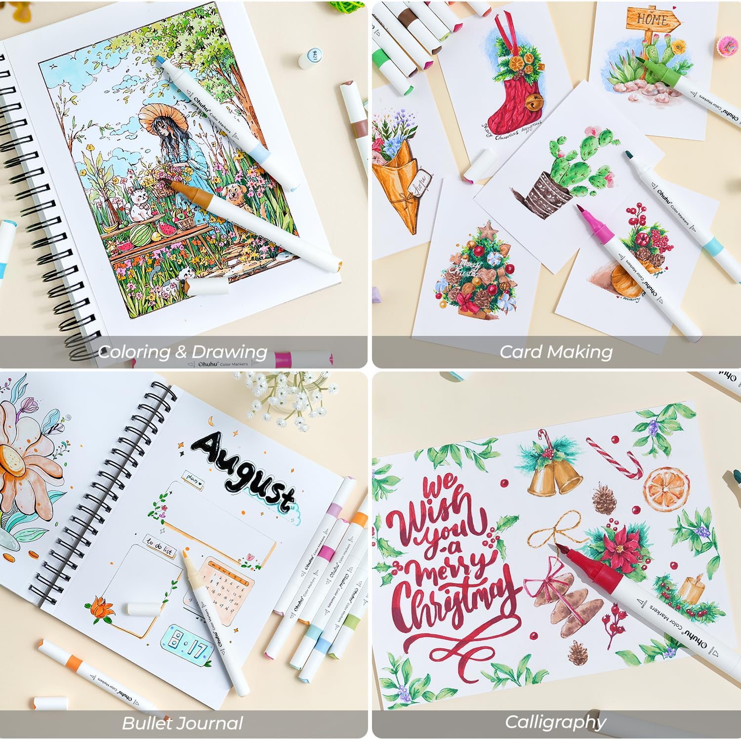 Ohuhu Water-based Markers for Adult Coloring Books No Bleeding 64 Colors Dual Tips Coloring Markers for Kids Adults Beginners Drawing Pens for Journaling Lettering (Brush & Chisel)