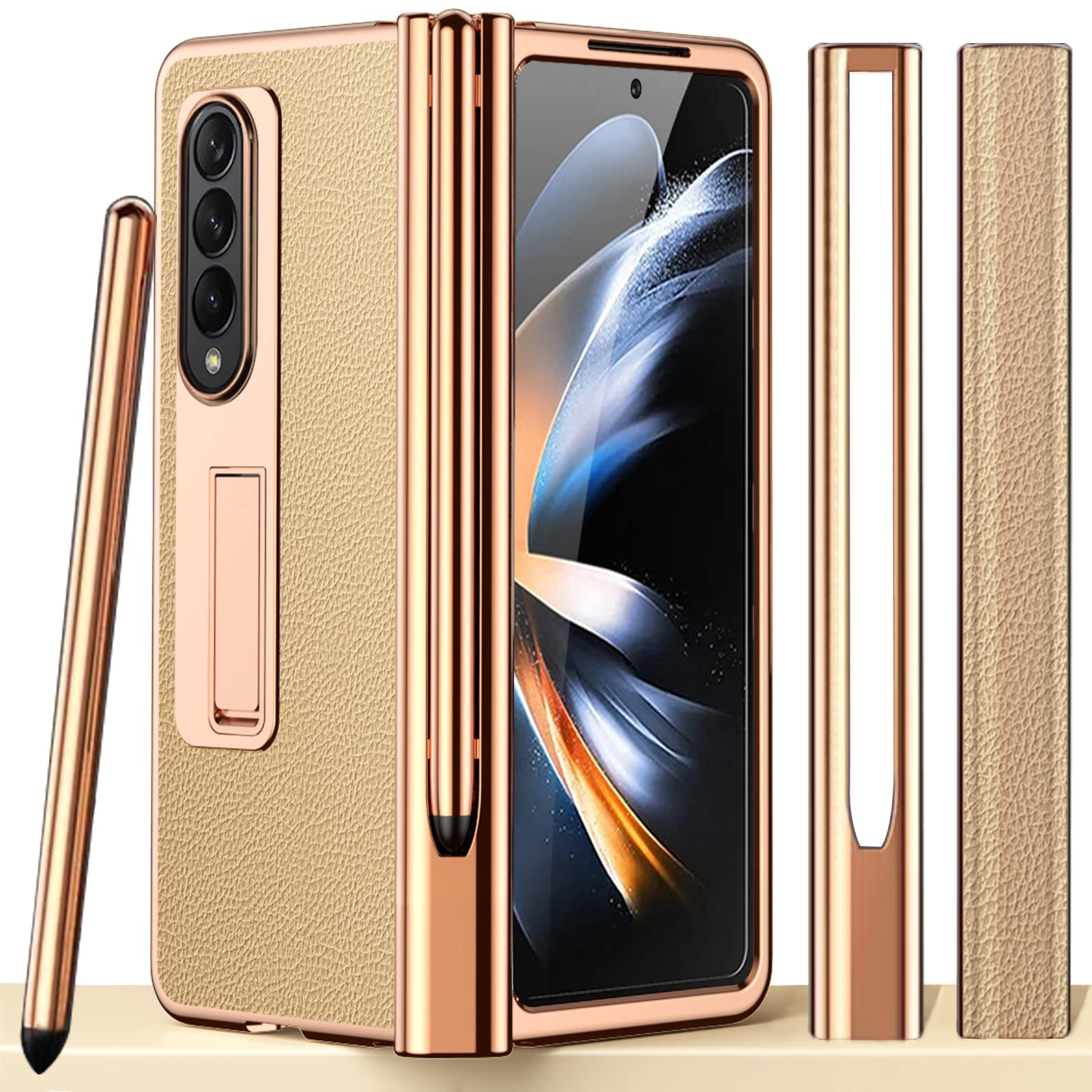 Photo 1 of Miimall Cellular Phone Case for Samsung Galaxy Z Fold 4, Gold, Leather, with S Pen, Tempered Glass Screen Protector, Kickstand