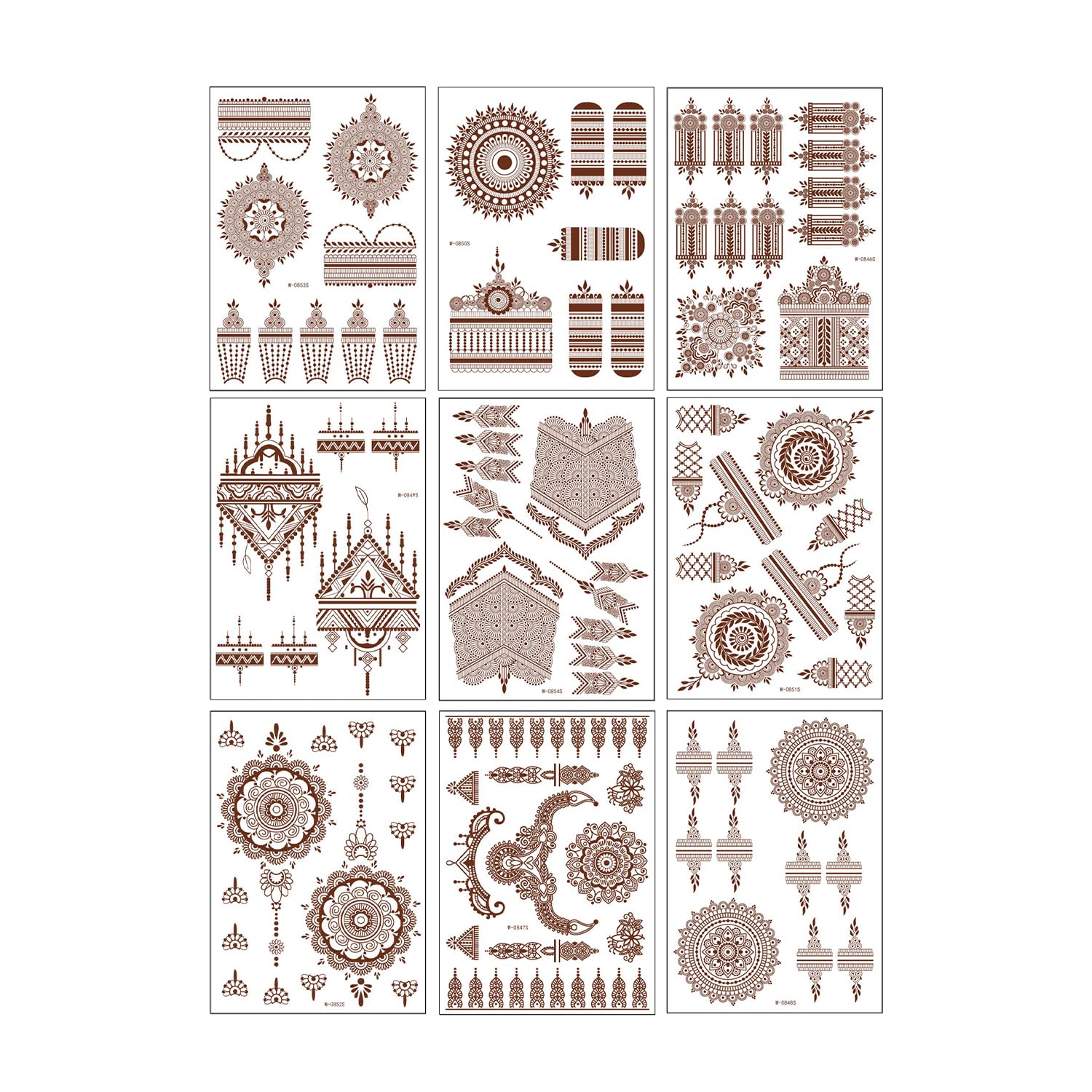 Rumyve 9pcs Brown Red Waterproof Temporary Tattoo Kit - Fake Lace Mandala Stickers, Indian Design