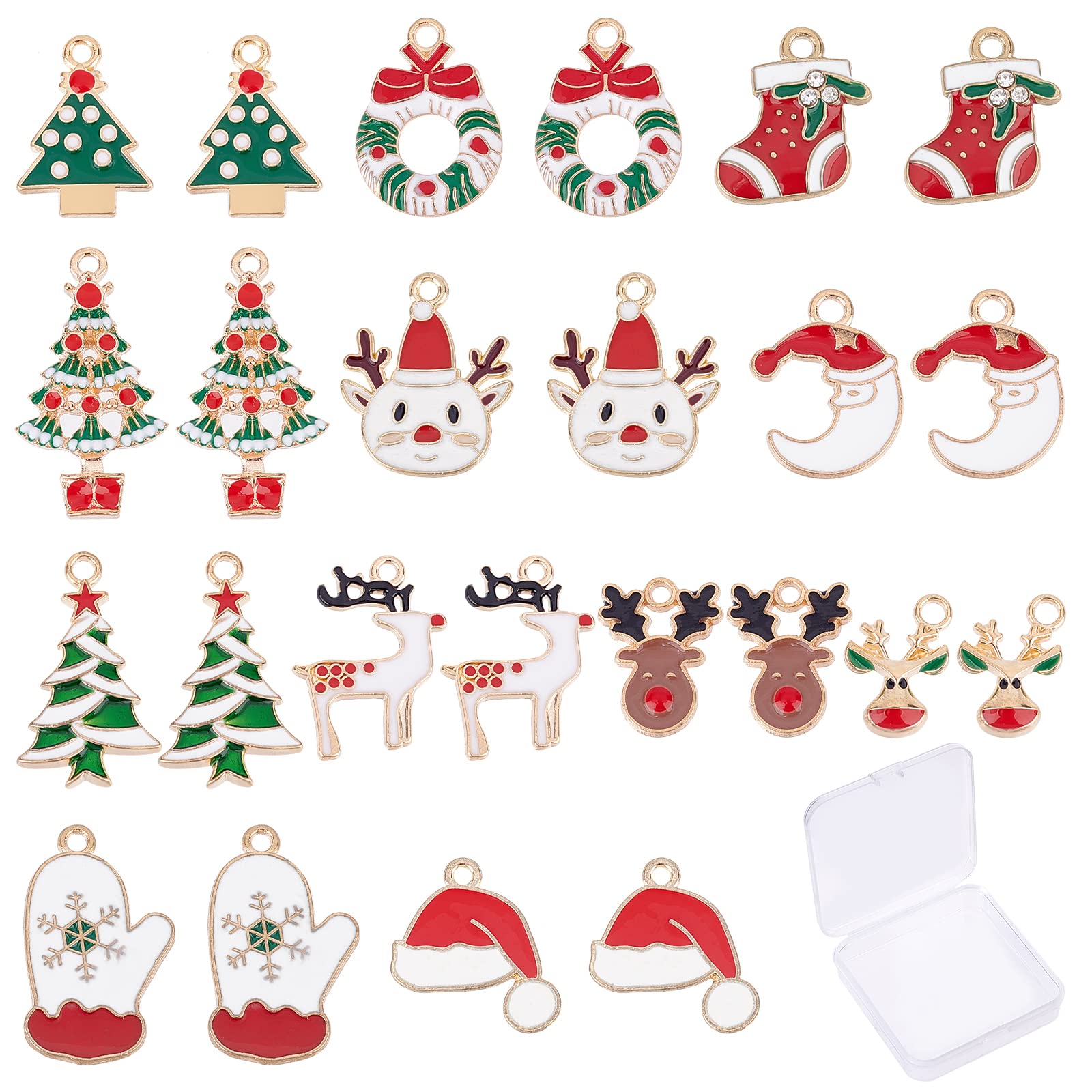 SUNNYCLUE 1 Box 48 Pcs 12 Style Enamel Christmas Charms Christmas Tree Charms Bulk Reindeer for Jewelry Making Glove Hat Rhinestone Socks Wreath with Bowknot Earrings Making Decor — image 1