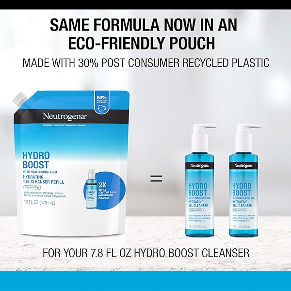 NEUTROGENA HYDRO BOOST FRAGRANCE FREE HYDRATING GEL FACIAL CLEANSER WITH HYALURONIC ACID, DAILY FOAMING FACE WASH & MAKEUP REMOVER, GENTLE FACE WASH, NON-COMEDOGENIC, REFILL POUCH, 16 FL. OZ