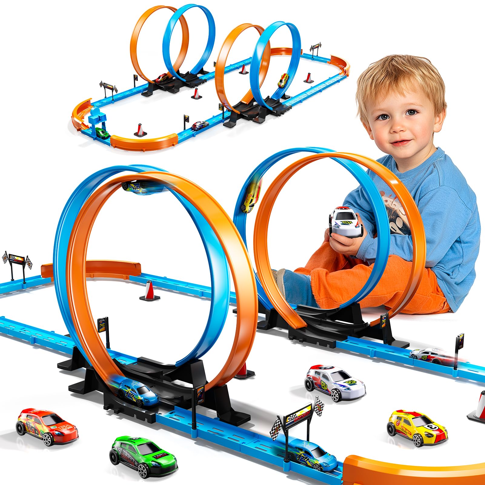 Toy Car Race Track Set for Boys Kids Age 3-5 4-7, Race Tracks with 4 Crash Zones and 1:64 Scale High-Speed Slot Cars, Christmas Halloween Birthday Gifts Toys for Toddlers Boys 4-8 8-12 Years