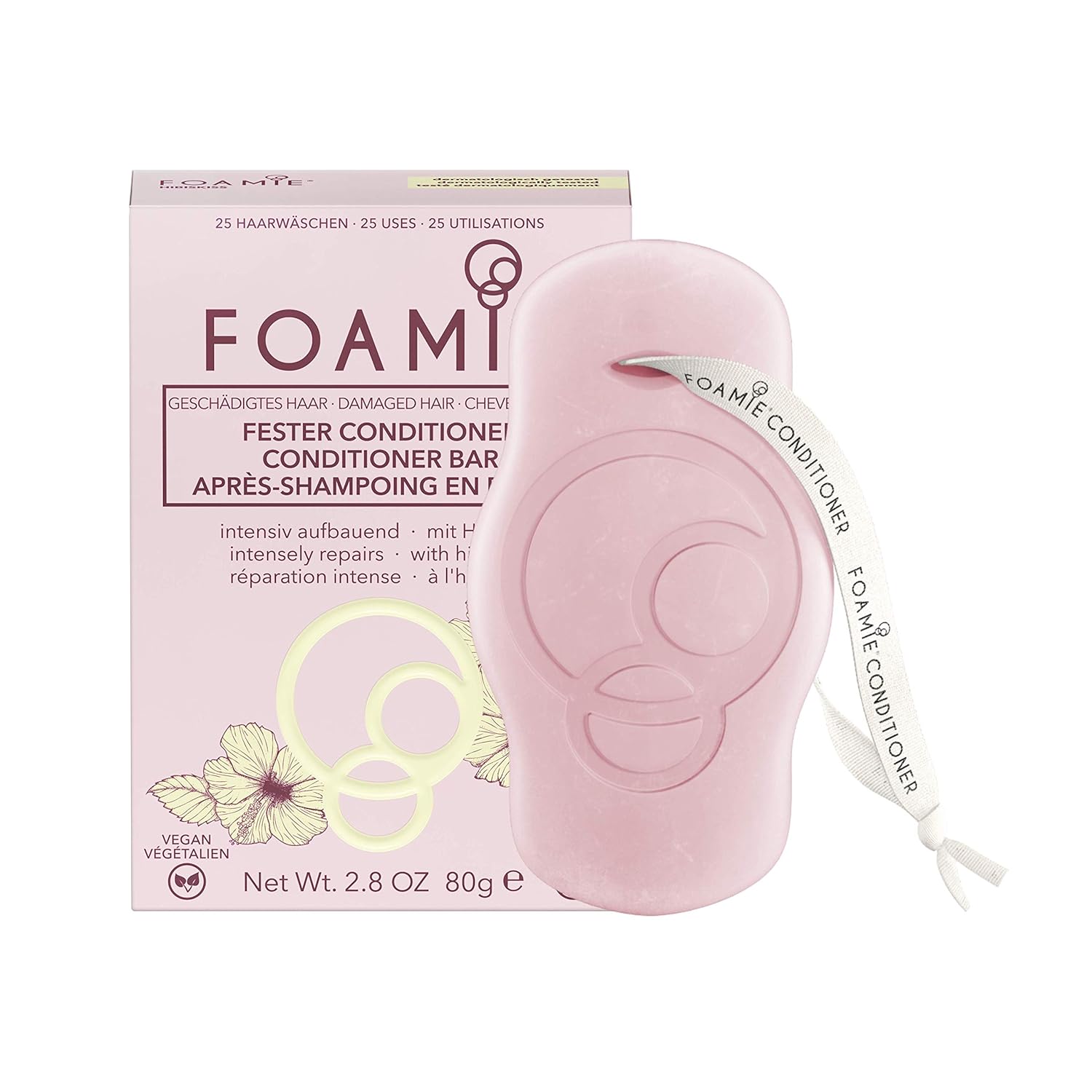 foamie fester conditioner i 80g i fur geschadigtes haar verleiht kraft und elastizitat i kakaobutter sonnenblumenol und hibiskus i 100 vegan