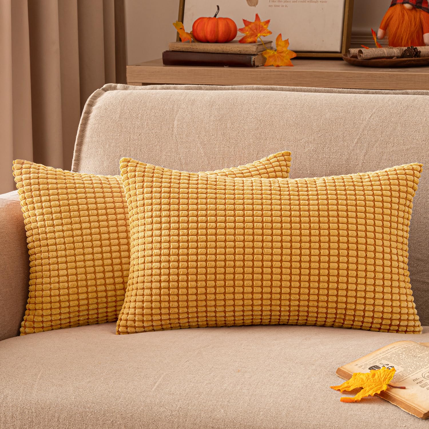 EMEMA Corduroy Granule Throw Pillow Covers Decorative Cushion Covers Square Soft Pellets Solid Pillowcase for Sofa Bedroom Grey 16x24 Inch 2 Pieces Orange