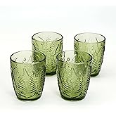 seicasaya Vintage Leaf Pattern Glass Tumblers, Set of 4, 10oz Green Embossed Drinking Glasses, Retro Lowball Water Cups for Home or Bar (4, Green)