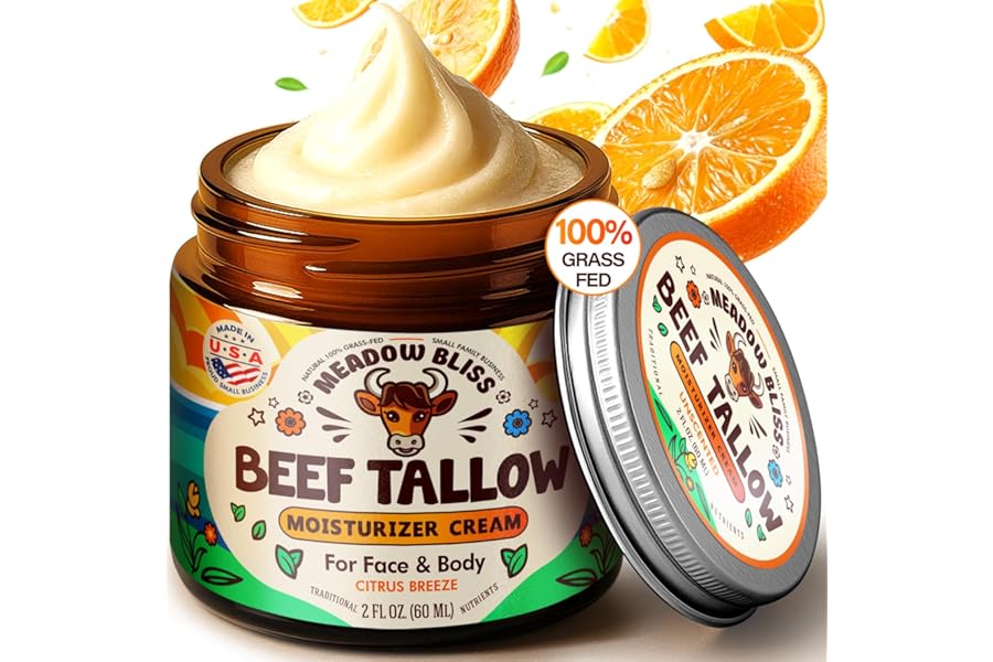 Beef Tallow for Skin – Moisturizer Cream – 100% Grass Fed – Whipped Beef Tallow – Organic Jojoba Oil – Organic Shea Butter – Supports Eczema, Rosacea+ – Made in USA – Citrus Breeze – 2 oz