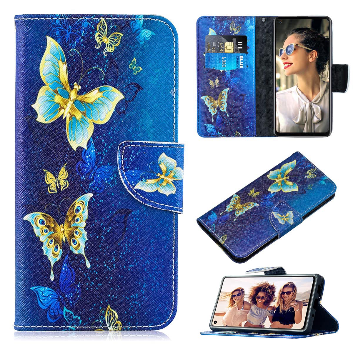 FCHUI for Google Pixel 6 Case, for Google Pixel 6 Phone Case Women Men Card Slots Magnetic Closure Kickstand Full Protection Premium Leather Flip Wallet Phone Case Cover Blue Butterfly