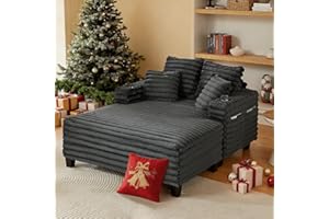 Amsleekey 64" Chaise Lounge Chair Indoor, Oversized Sleeper Chair with Wood Frame, Upholstered Sofa Bed for Living Room, Movie Room, Bedroom with 4 Storage Pockets&2 Cup Holders(Plush Corduroy, Grey)