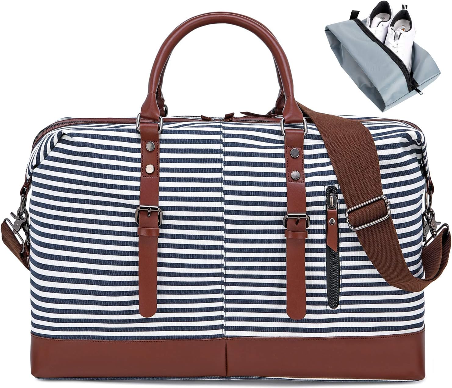 Large Weekender Bags Canvas Leather Duffle Bag Overnight Travel Carry On Tote Bag with Shoe Bag (Blue)