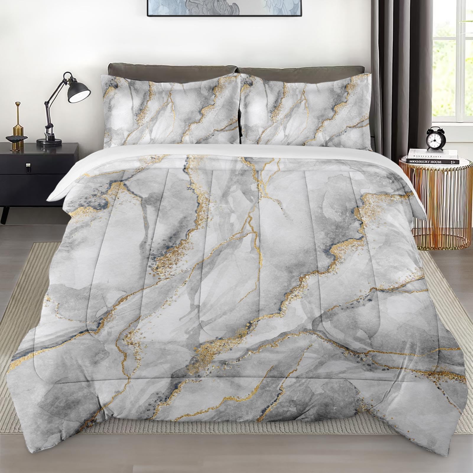 Photo 1 of Pamnest Comforter Set King Size, Marble Stone Black Gold Soft 3 Pcs Bedding for Kids and Adults, Gray Vintage Comforter Set with Pillowcase, for Bedroom Bed Decor
