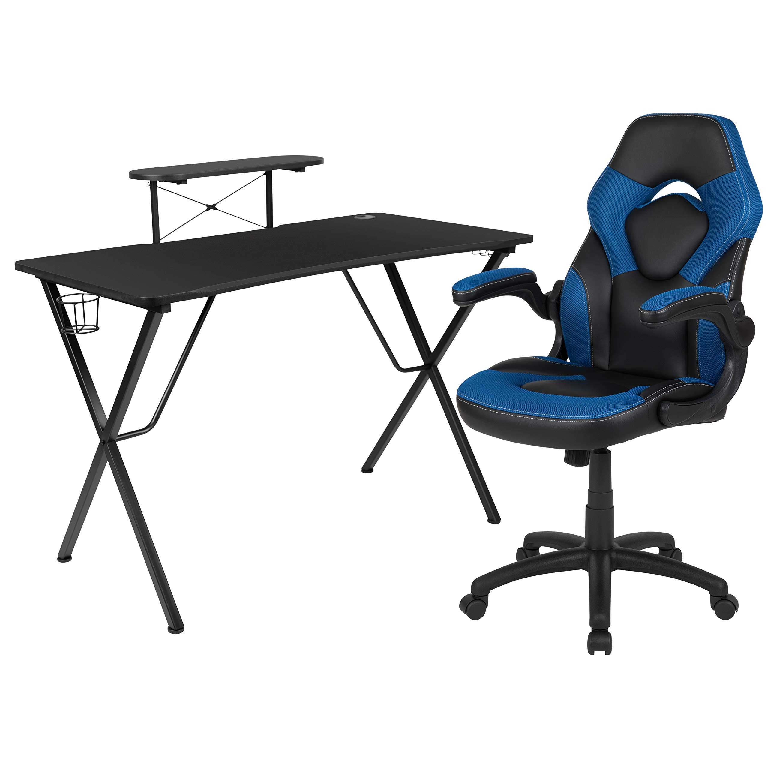 Flash Furniture Juego de escritorio para juegos negro y silla de carreras azul/negra con portavasos, gancho para auriculares y soporte para monitor/teléfono inteligente