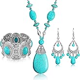 3 Pieces Bohemian Turquoise Jewelry Set for Women - Western Pendant Necklace, Vintage Dangle Earrings, Stretchable Bracelet - Statement Boho Set
