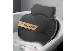 Bathland Bath Pillows for Tub - Luxury Bathtub Pillow Neck, Head, Back Support, Soft 4D Mesh Fabric and Non-Slip Suction Cups & Quick Dry, Comfort Fits All Tubs, Relaxation Spa Gift, Grey