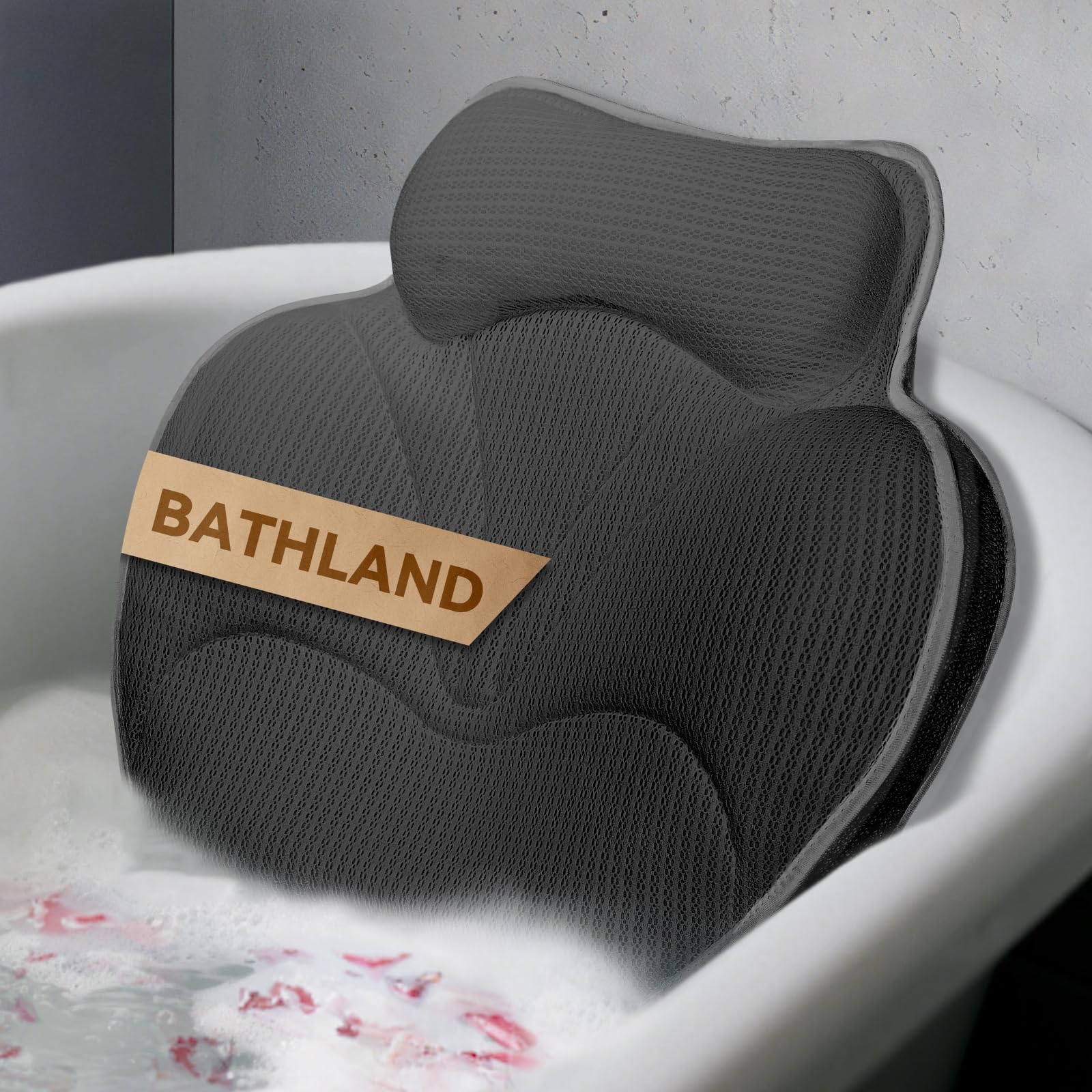 Photo 1 of Bathland Bath Pillows for Tub - Luxury Bathtub Pillow Neck, Head, Back Support, Soft 4D Mesh Fabric and Non-Slip Suction Cups & Quick Dry, Comfort Fits All Tubs, Relaxation Spa Gift, Grey