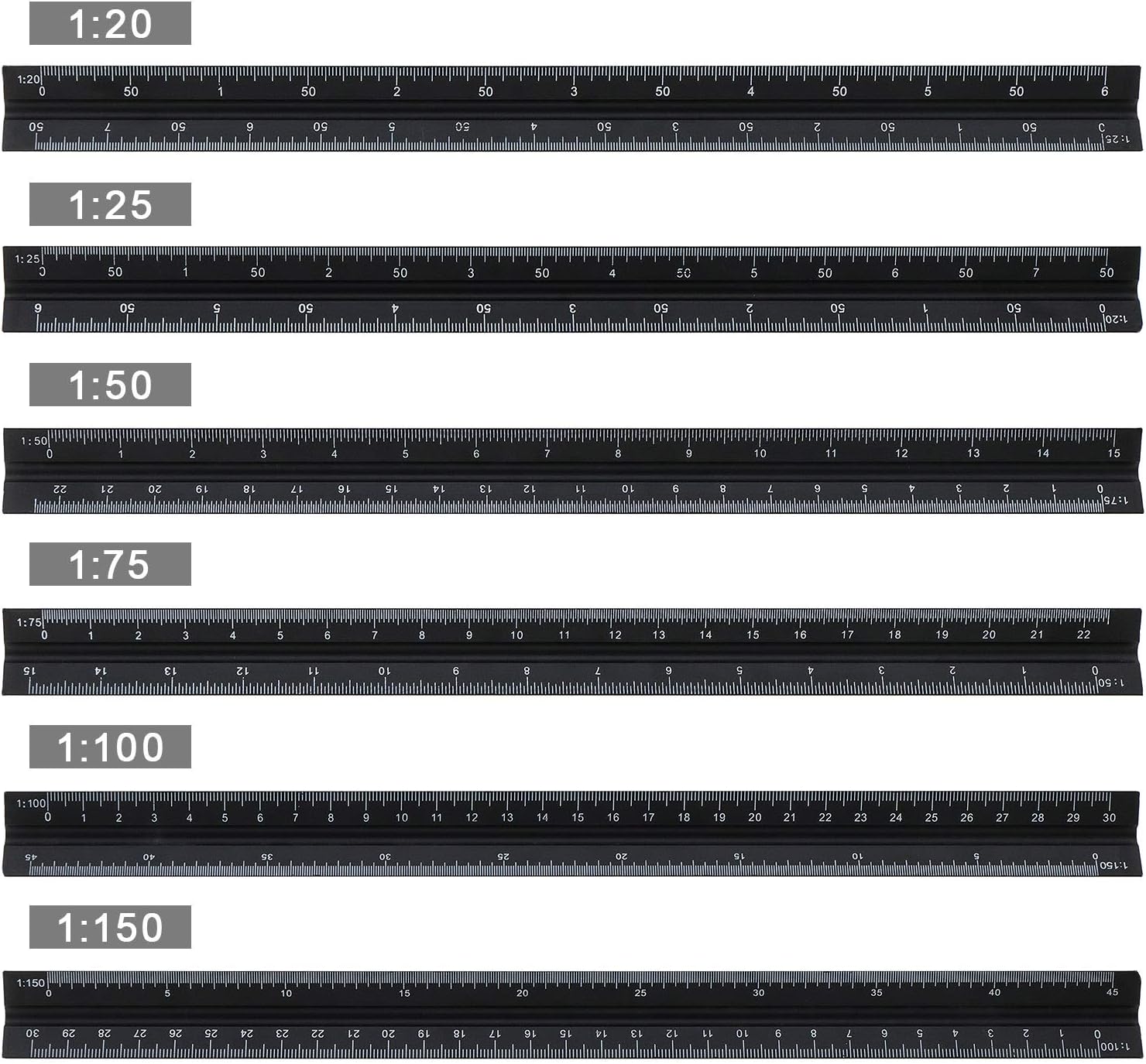 OTOTEC Triangular Scale Ruler 30cm Black Aluminum Alloy Metric Ruler 1:20 1:25 1:50 1:75 1:100 1:150 for Architect Drafting Engineer Measuring Tools - Image 5