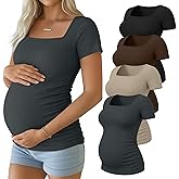 Huukeay 4 Pack Women's Maternity Shirts Cotton Ribbed Short Sleeve Square Neck Pregnancy Tops Side Ruched Summer Tee