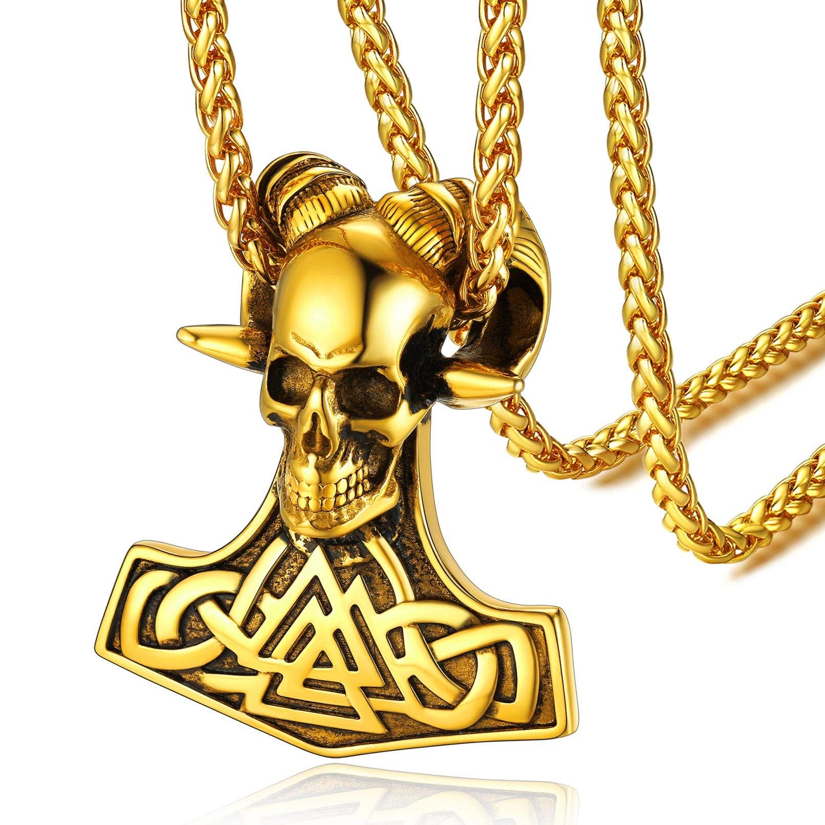 FaithHeart Viking Necklace for Male Gold Plated Hammer Pendant Norse Jewellery Stainless Steel Nordic Skull Neck Charm with Long Chain 22" inch+2" inch