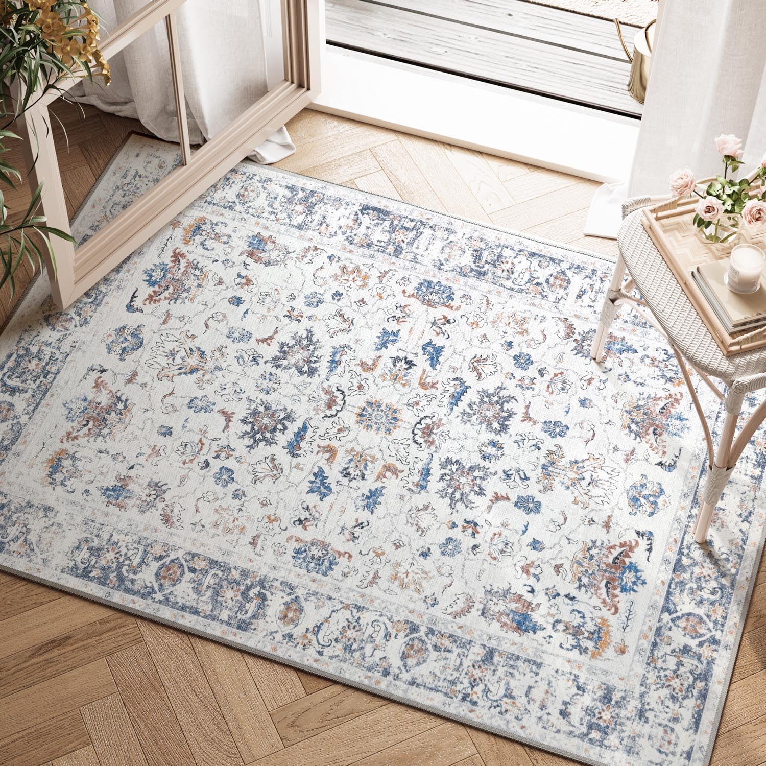TOPICK Door mat 60x90cm Entryway Floral Grey Washable Rug Indoor Vintage Chenille Print Doormat Thin Small Rug Lightweight Non Slip Carpet for Kitchen Bathroom