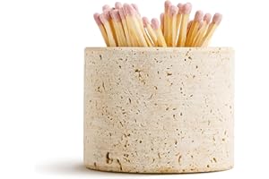 WORHE Travertine Stone Match Holder with Striker & Extra Striker Pad - 2.6" x 2" Decorative Matchstick Organizer for Fireplace, Candles, Parlor Cute Match Jar for Home Decor Gift, Matches Not Included