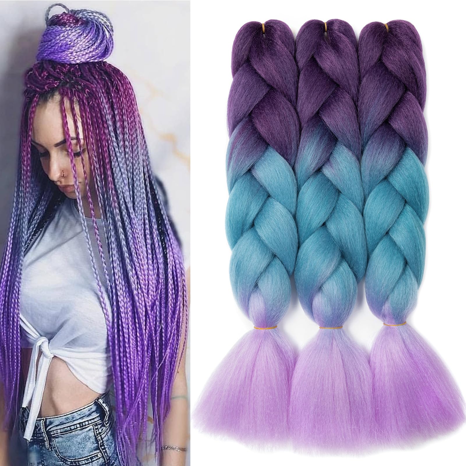 Dcbaboo Jumbo Braiding Hair Extensions 3packs 24inch Hair Extensions for Braiding Synthetic Hair Kanekalon Ombre Braids Hair Extensions Afro Crochet Braids Twist Hair 300g, Purple-Blue-Light Purple — image 1