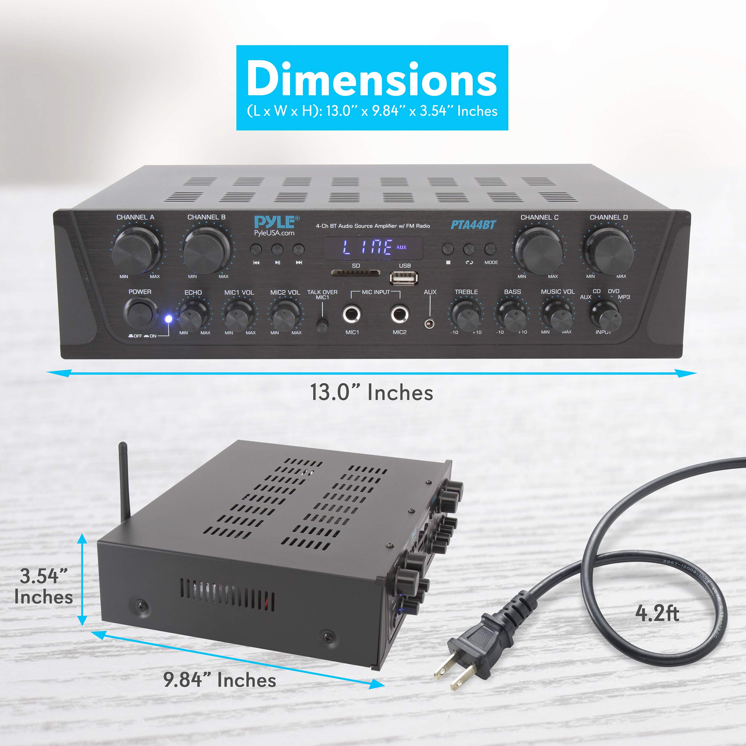 Pyle 500W Karaoke Wireless Bluetooth Amplifier - 4 Channel Stereo Audio Home Theater Speaker Sound Power Receiver w/ AUX IN, FM, RCA Subwoofer Speakers OUT, USB, Microphone IN w/ Echo - Pyle PTA44BT.5