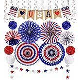 26Pcs Patriotic Decorations 4th of July Decorations LOVE USA Banner Red White Blue Paper Fans Star Streamer Pom Poms Hanging Swirls for Veterans Labor Presidents Flag Memorial Day