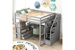 BIADNBZ Wooden Full Size Loft Bed with Stairs Storage, Desk, Shelves and Two Drawers, Sturdy Wood Bedframe High Loftbed witih Staircase, for Kids Teens Adults Bedroom, Gray