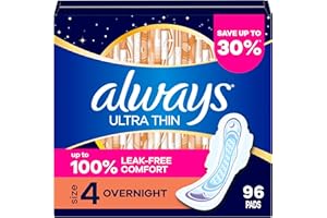 Always Ultra Thin Overnight Pads with Wings, Size 4, Overnight, 96 Count (3 Packs of 32)