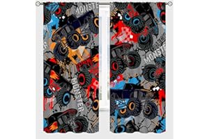 PHTAYOT Monster Truck Curtains, Kids Boys Car Shabby Dots And Spray Paint Texture Ink Print for Room Window Decor, Rod Pocket Blackout Drapes for Nursery Baby Bedroom Playroom 2 Panel Set 20.5"W X 45"L