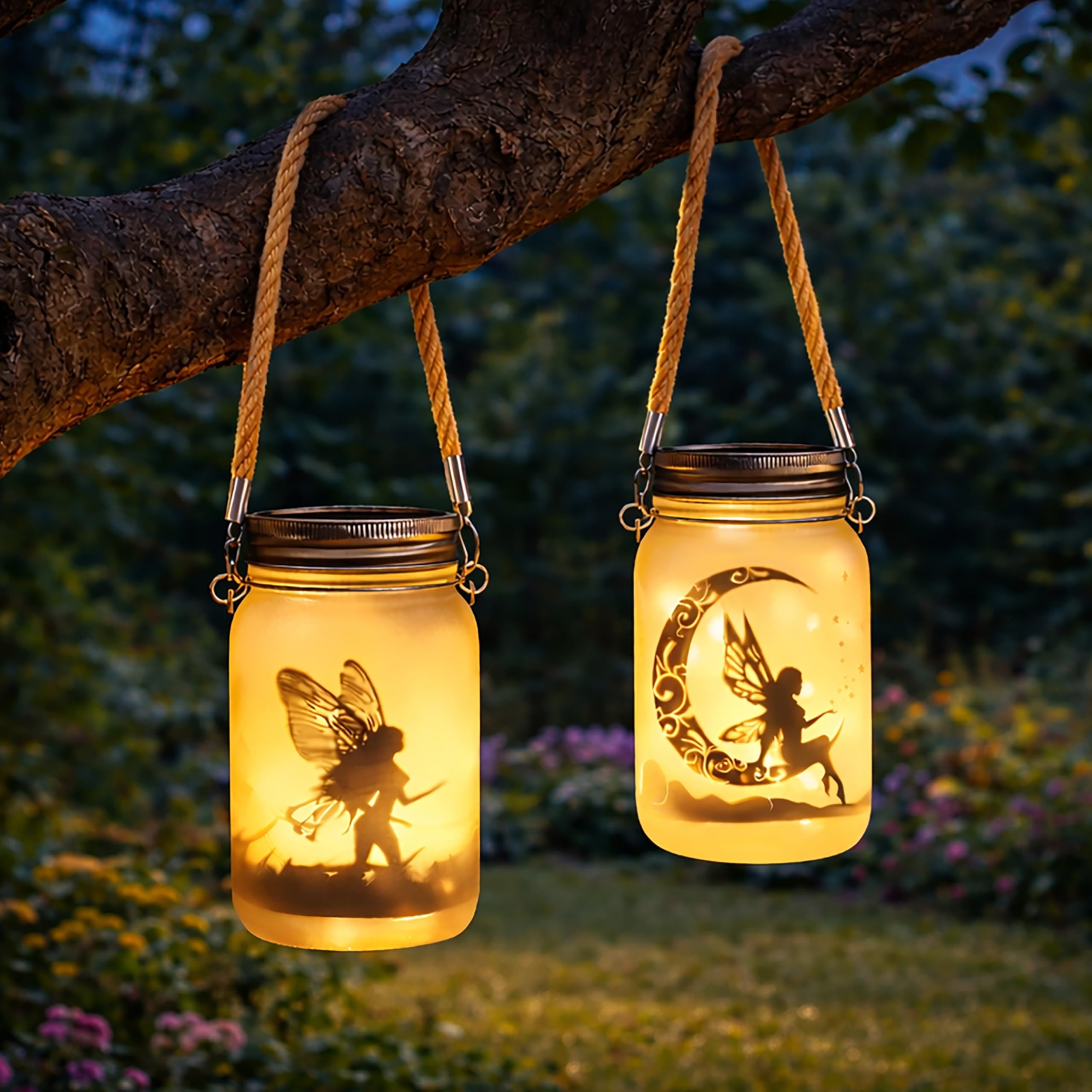 Garden Mile Solar Fairy Jar Lights Set of 2 – Hanging Solar Lantern Mason Jar Lights with Fairy Silhouette Designs, Outdoor Garden Solar Lights with Rope Handle, Decorative Fairy Garden Lanterns, 13cm