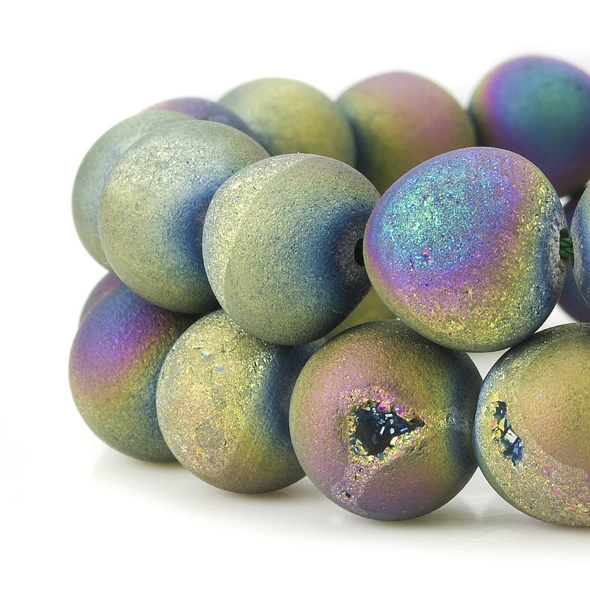 RUBYCA Round Dyed Electroplated Druzy Agate Quartz Crystal Gemstone Beads (1 Strand, Rainbow, 12mm)