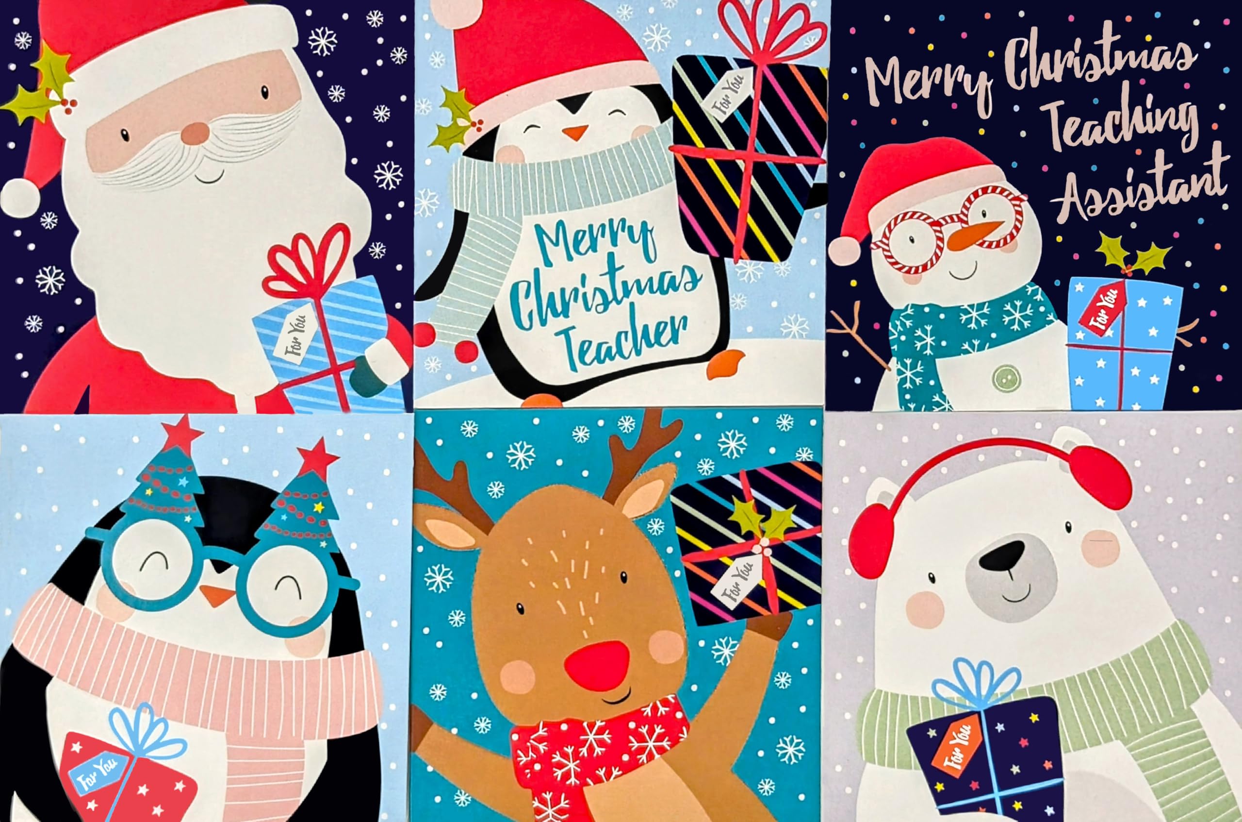 30 Mini Christmas Cards for Children with Envelopes – 6 Cute Festive Designs – Includes Teacher & Teaching Assistant Cards – 8 x 8 cm – Xmas Greeting Card Pack for Kids (Design 2)