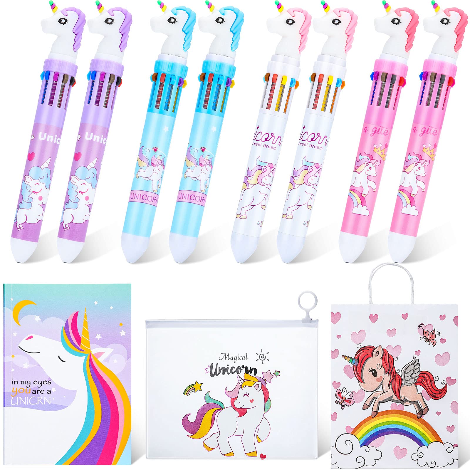Unicorn Stationery Set Include 8 Pieces Rainbow Unicorn Pens for Girls Cute Multicolor Ballpoint Pens Unicorn Kawaii Stationery Bag Unicorn Notebook and Unicorn Paper Bag for Girls Kids