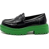 Soda Shoes Women's Lug Sole Platform Block Heel Loafers Shoes Black/Green 8