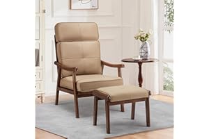 HOMREST Accent Chair, Mid-Century Modern Chair with Ottoman, Upholstered Lounge Arm Chair with Solid Wood Frame and Soft Cushion, Ideal for Living Room, Bedroom, Balcony (Brown)
